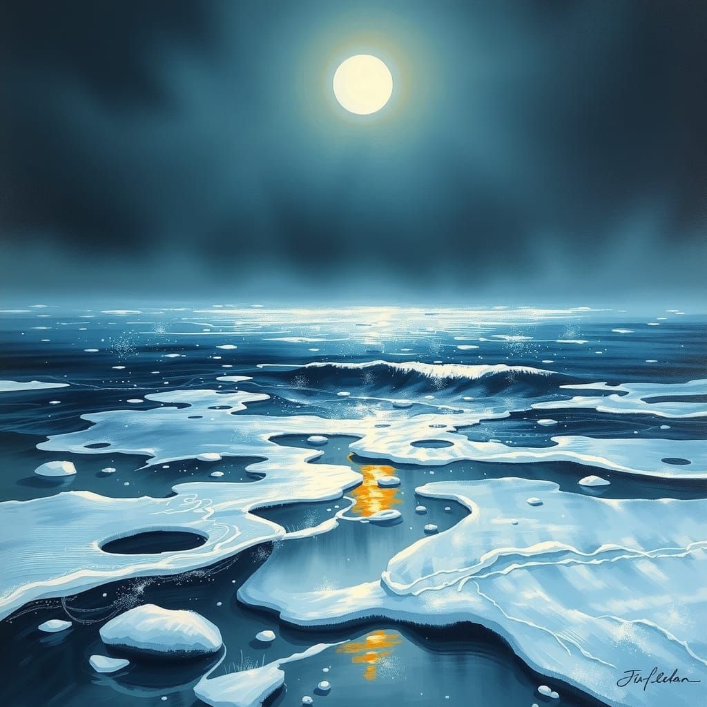 Winter Seascape with Frost Fires: Impressionist Gouache Pain...