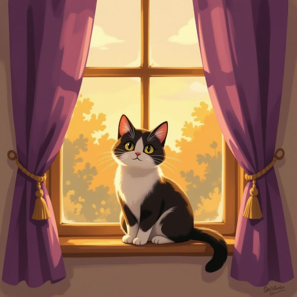 Young Cat on Windowsill in Impressionistic Style