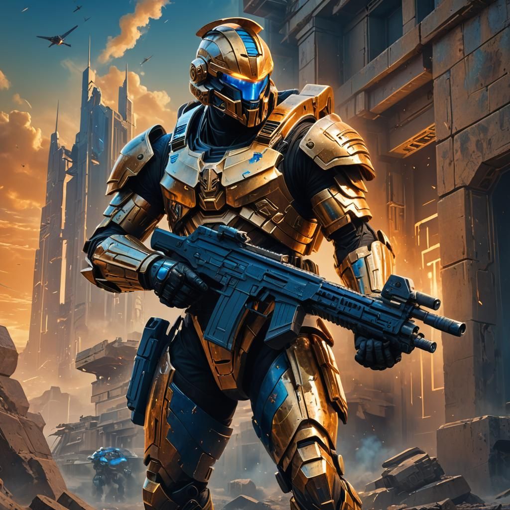 Futuristic Spartan Warrior with Machine Gun