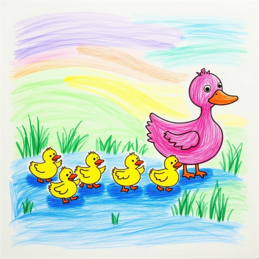Pastel Drawing of Duck Family by Pond