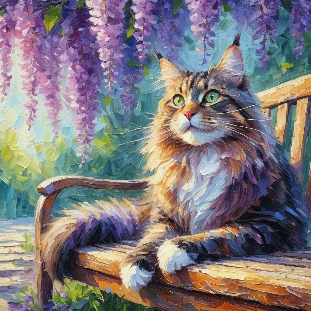 Happy Cat on Park Bench as Impasto Painting
