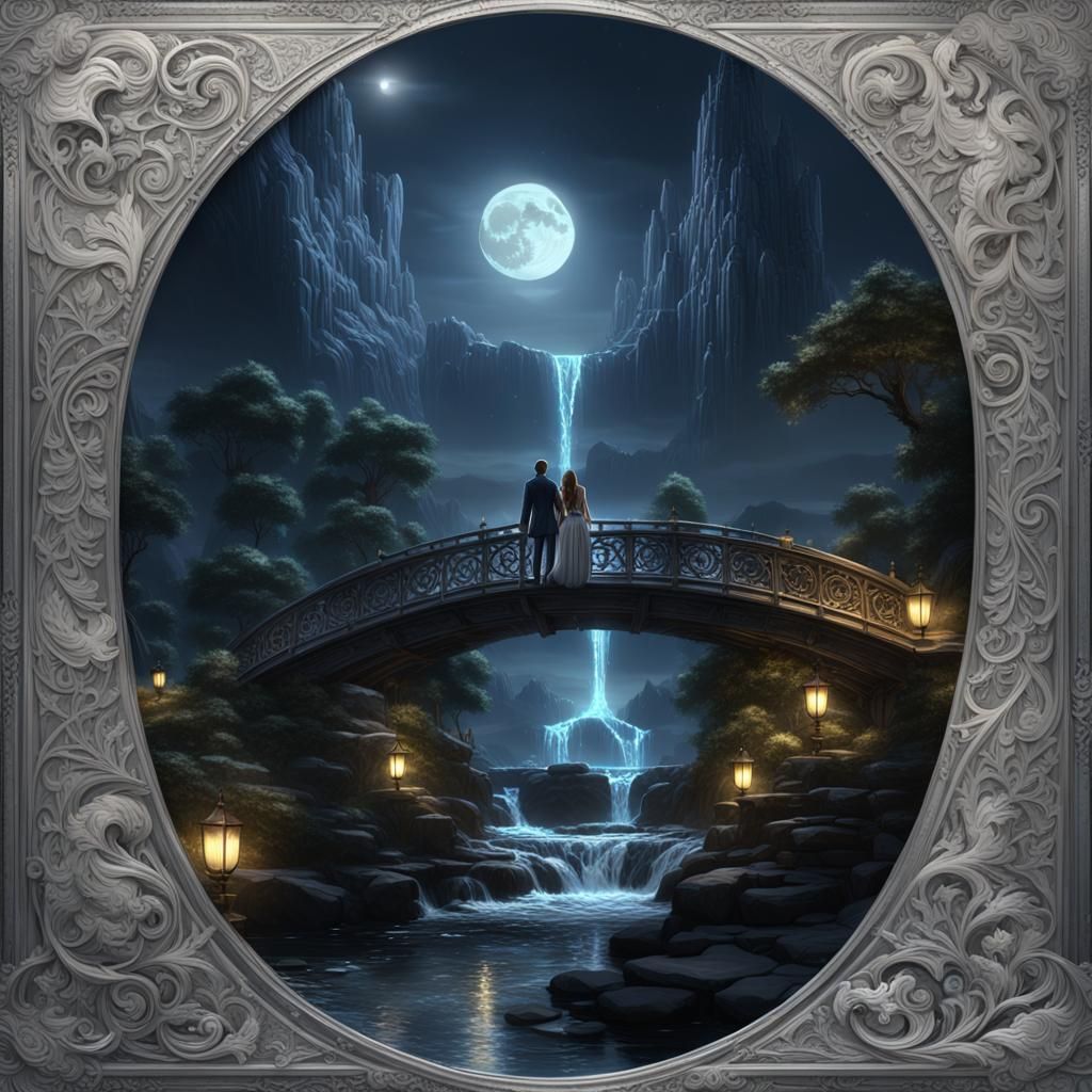 Lovers on Bridge Under Moonlight: Dark Fantasy Art