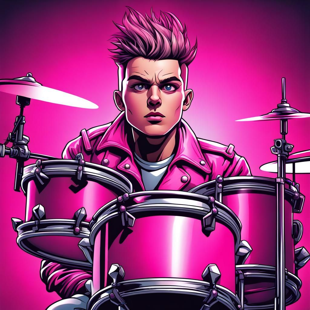 Punk Drummer Boy Logo in Pink Neon Vector Art