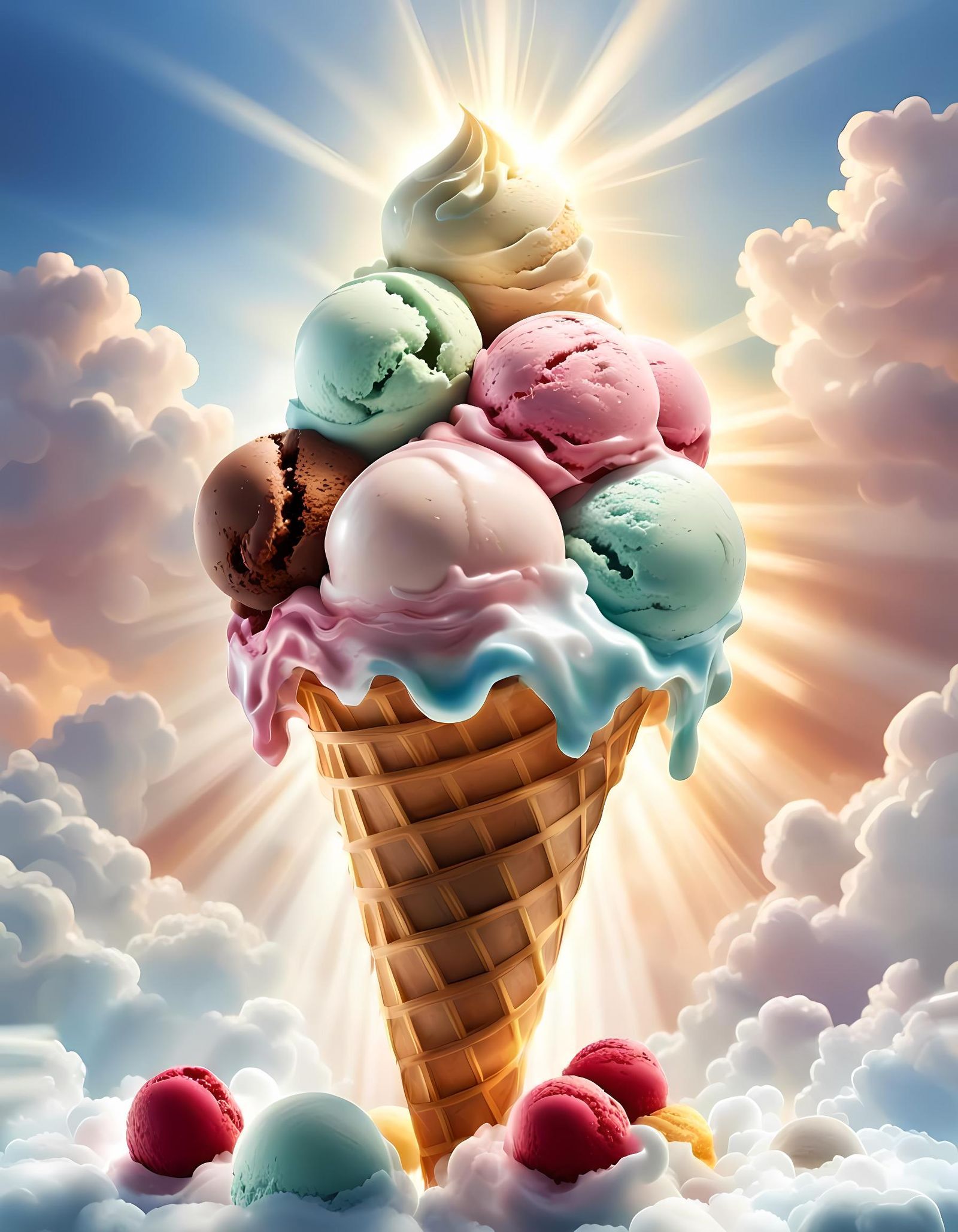 Heavenly Ice Cream Cone: Photorealistic Digital Illustration