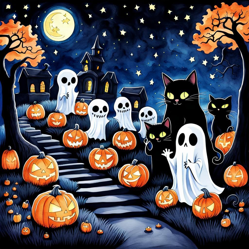 Chibi Ghosts and Cats in Cemetery, Watercolor Illustration