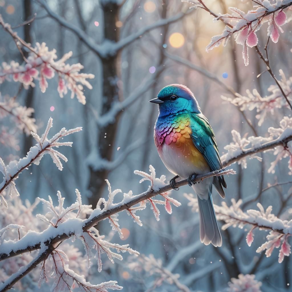 Rainbow Crystal Bird on Snowy Branch: Art Nouveau