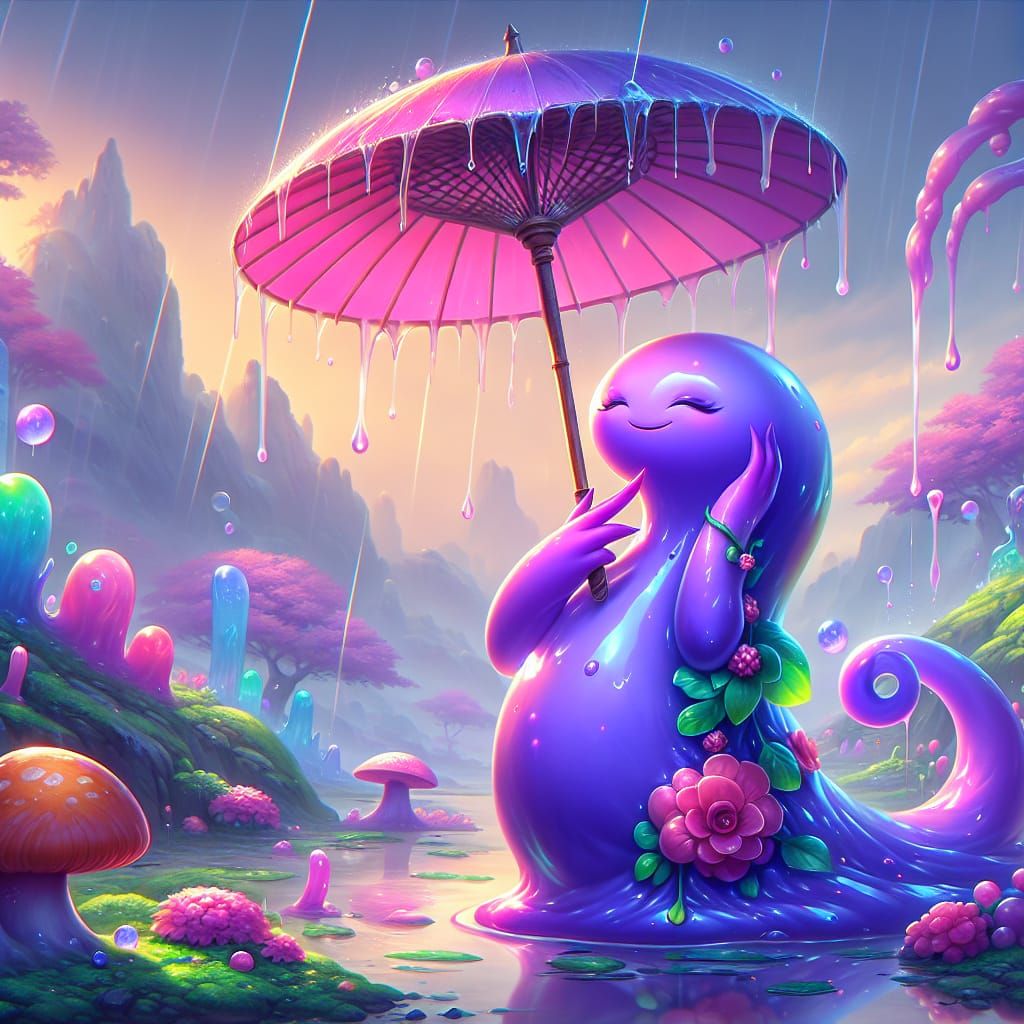 Charming Slime Woman Under Parasol: Fantasy Concept Art