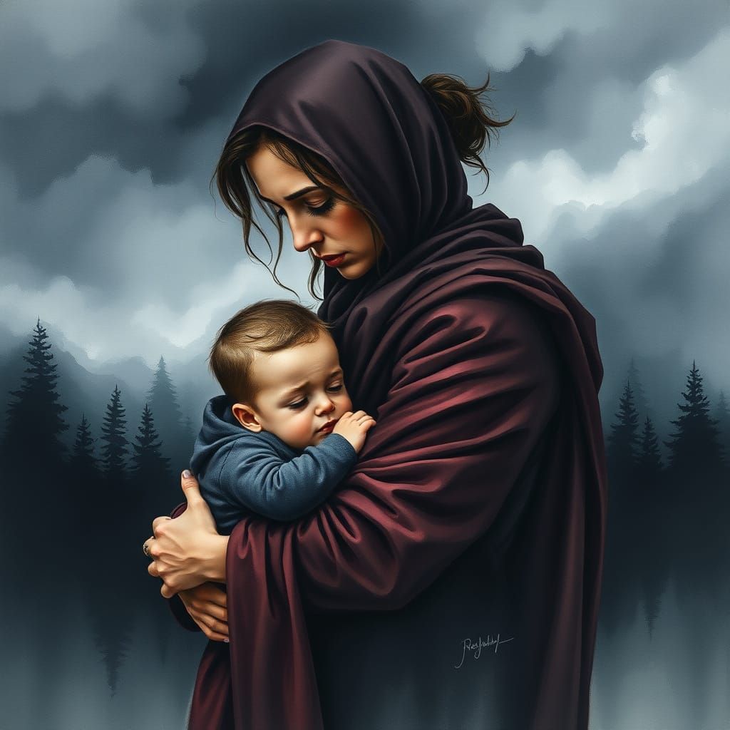 Motherly Strength and Devotion in Watercolor