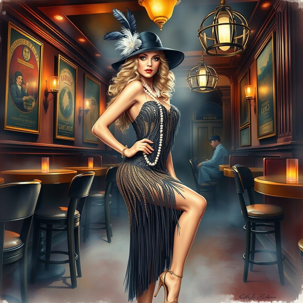 Exotic Blonde in a Whimsical Speakeasy Setting