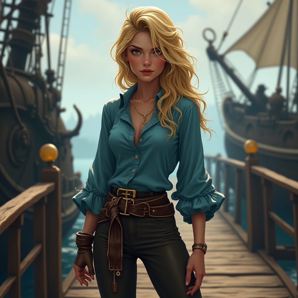 Female Pirate on Dock in Atmospheric Lighting