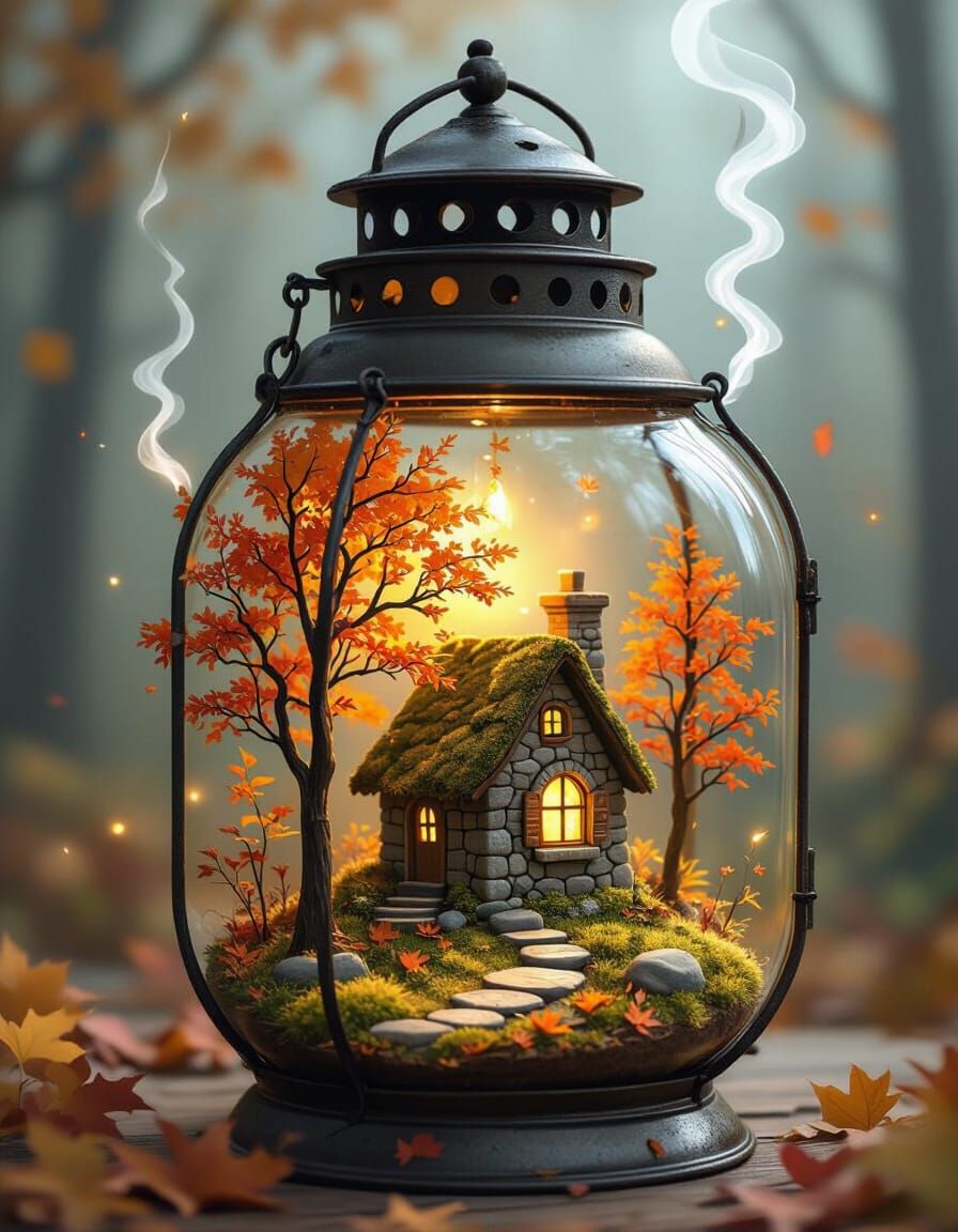 Autumn Forest Inside Antique Lantern Illustration