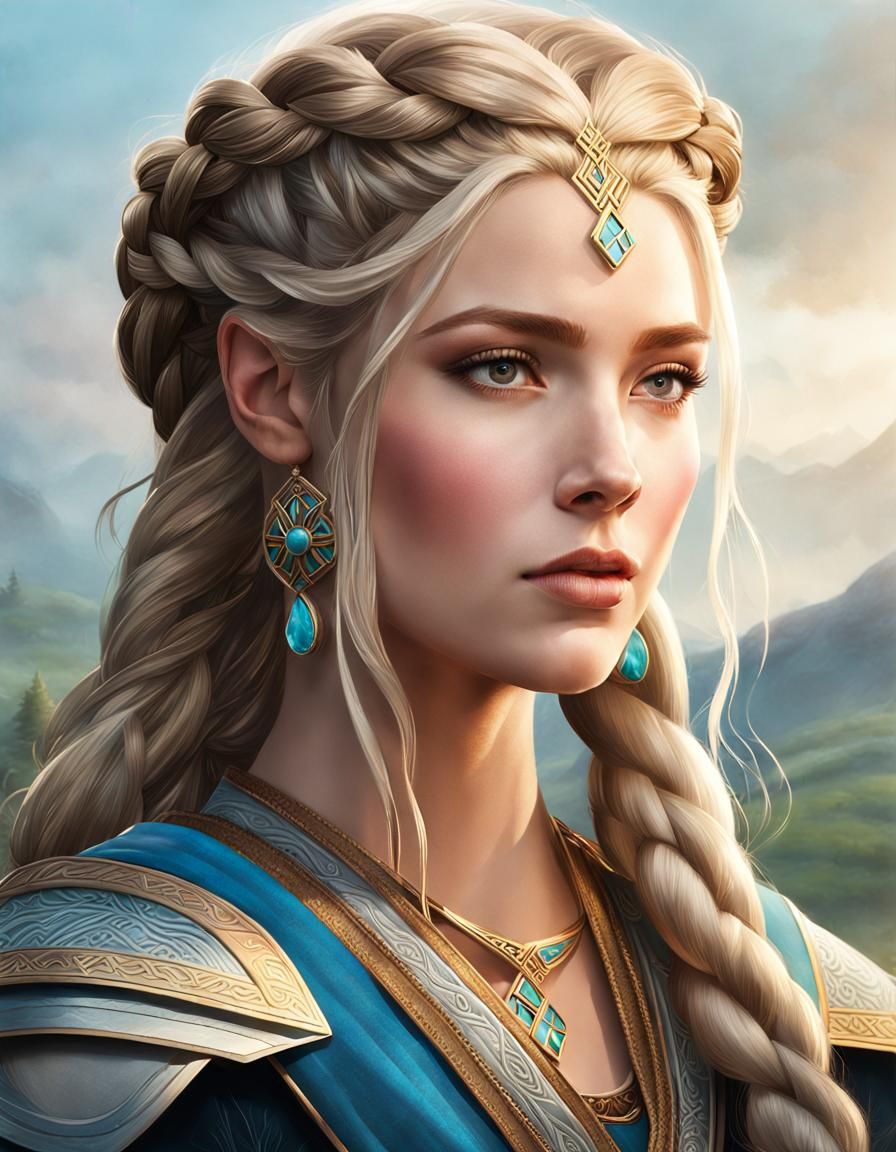 Norse Goddess Portrait in Watercolor Style