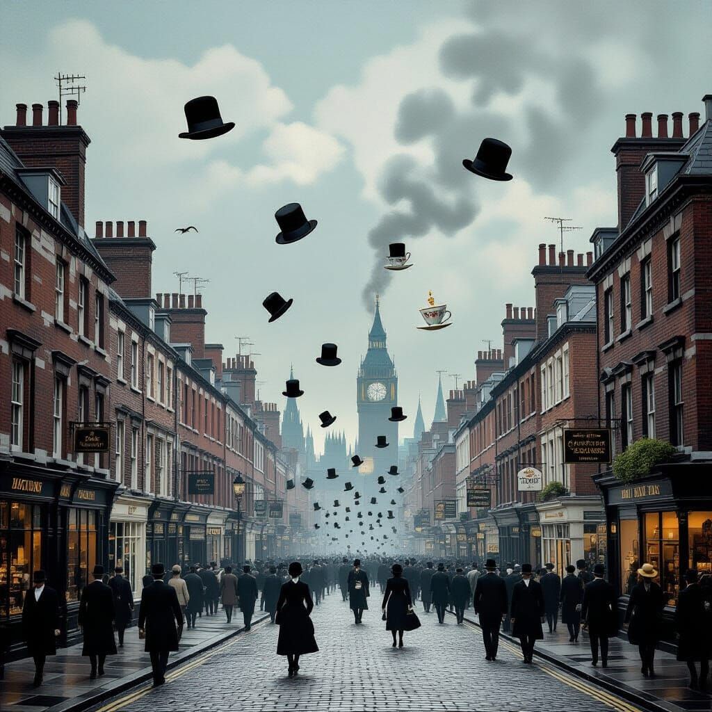 Surreal Victorian London Streets in Magritte Style