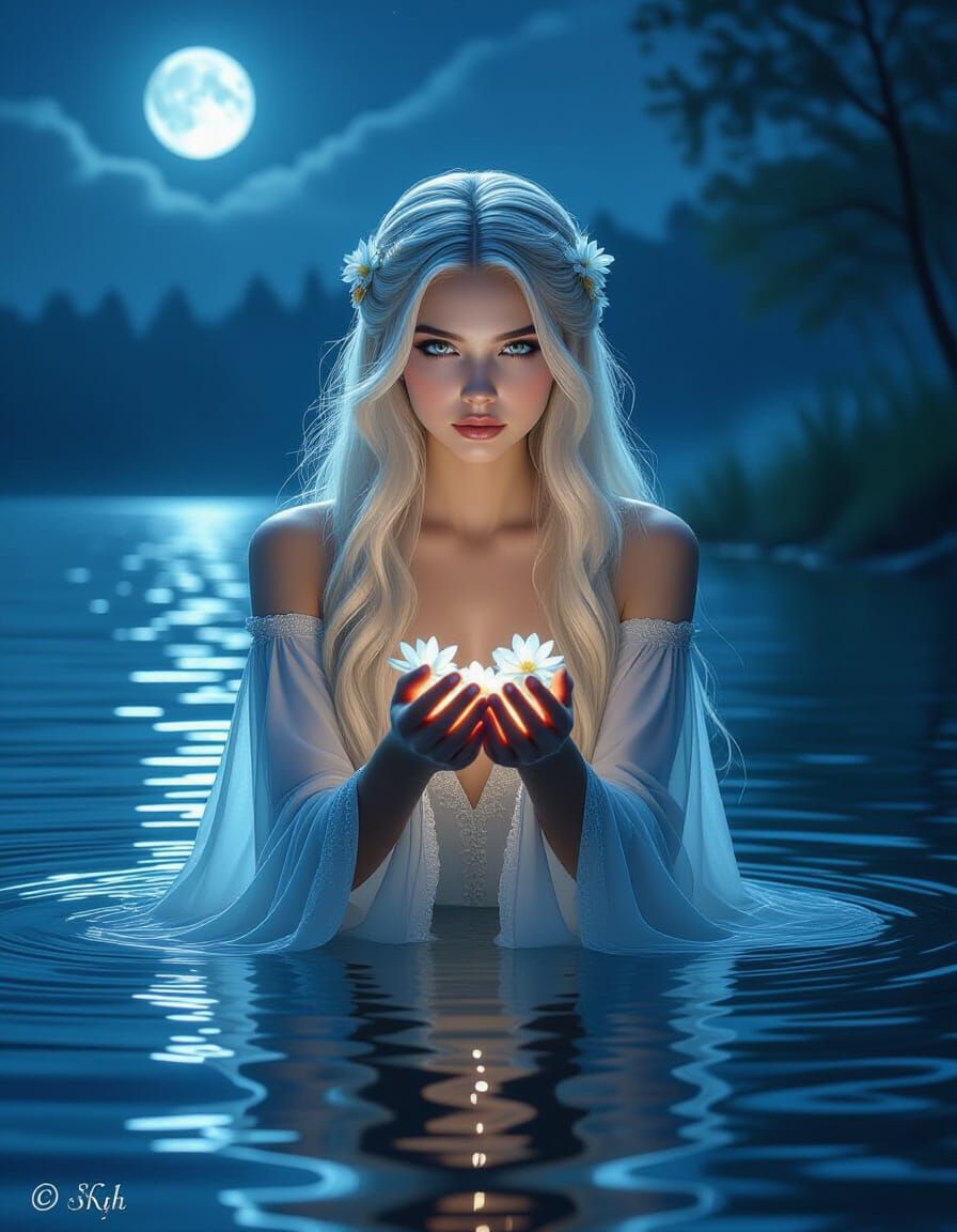 Slavic Folklore Ghost Woman Over Moonlit Lake