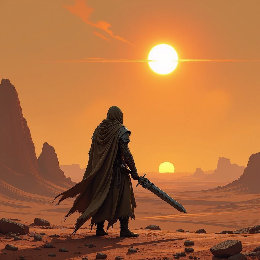 Binary Sunset Contemplation on Barren Planet