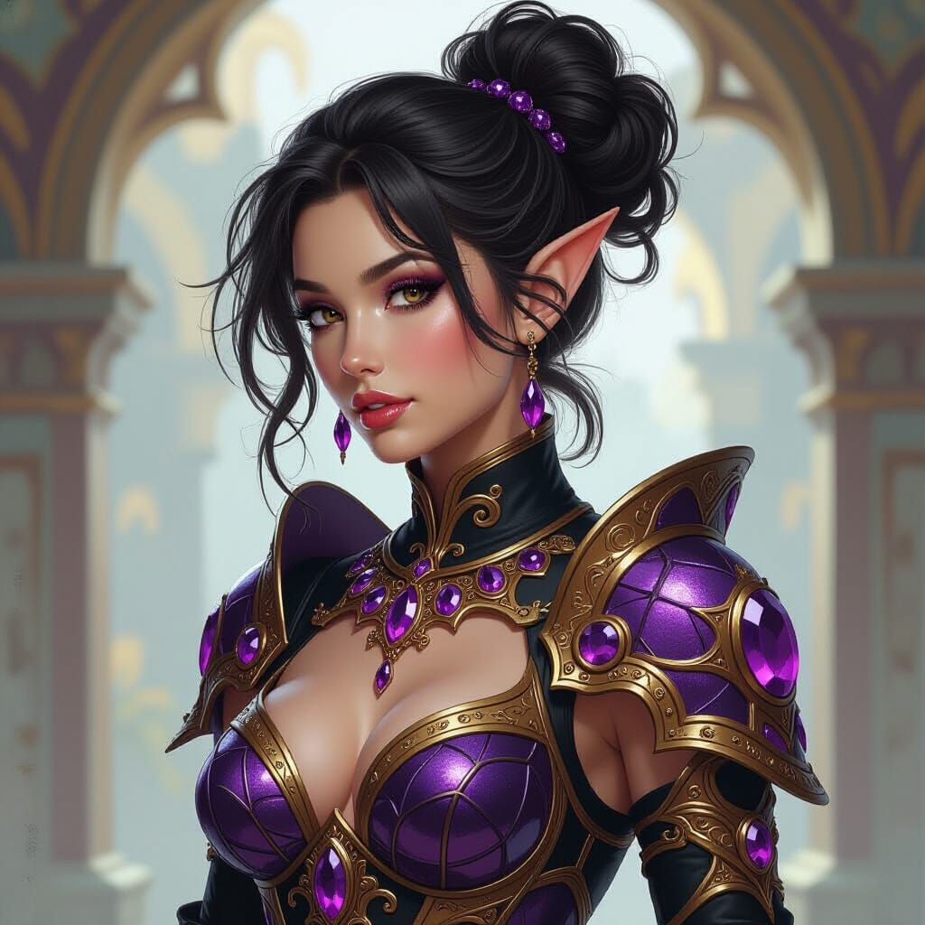 Elf in Stained Glass Armor, Mystical Oil Painting