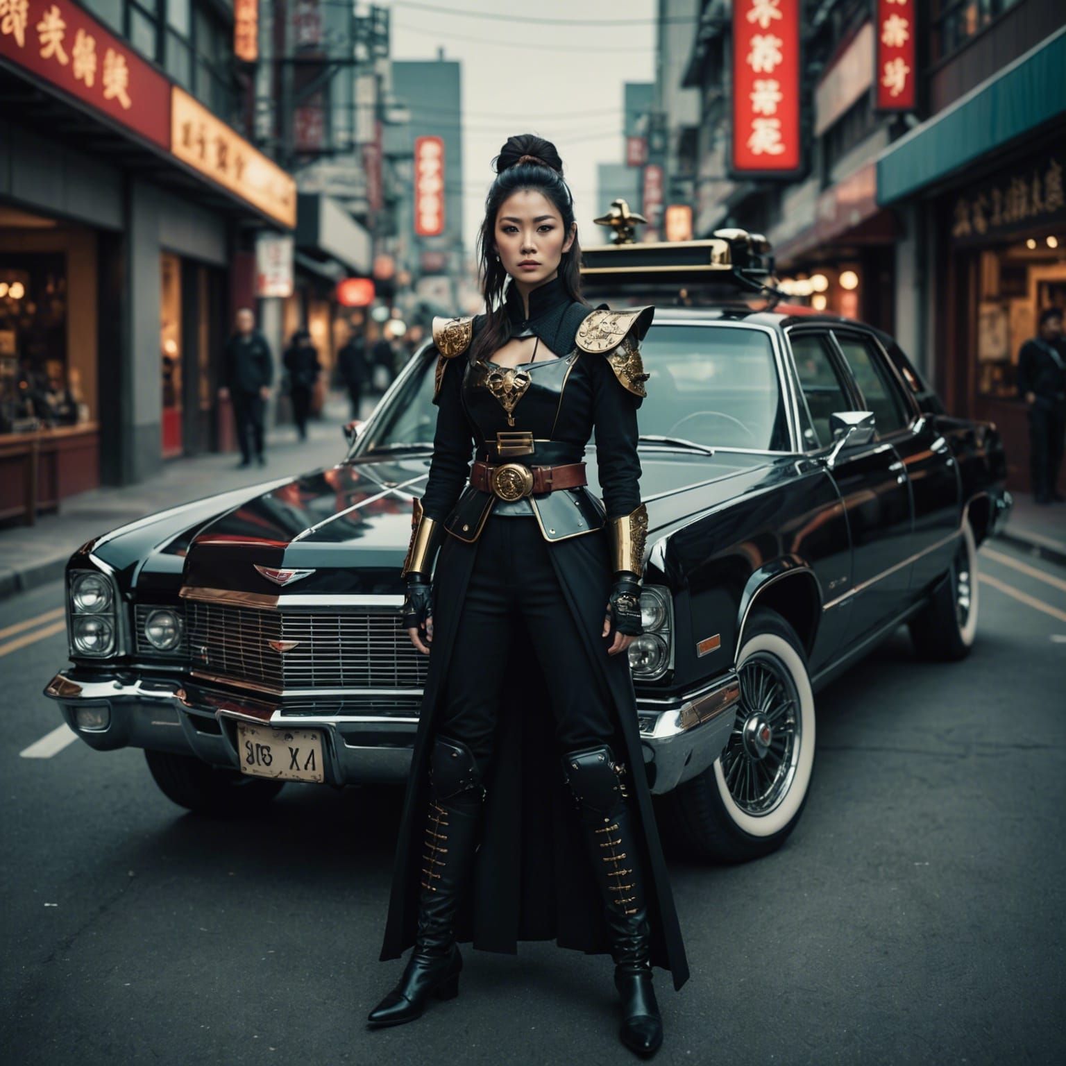 Steampunk Samurai Woman with Retro Cadillac