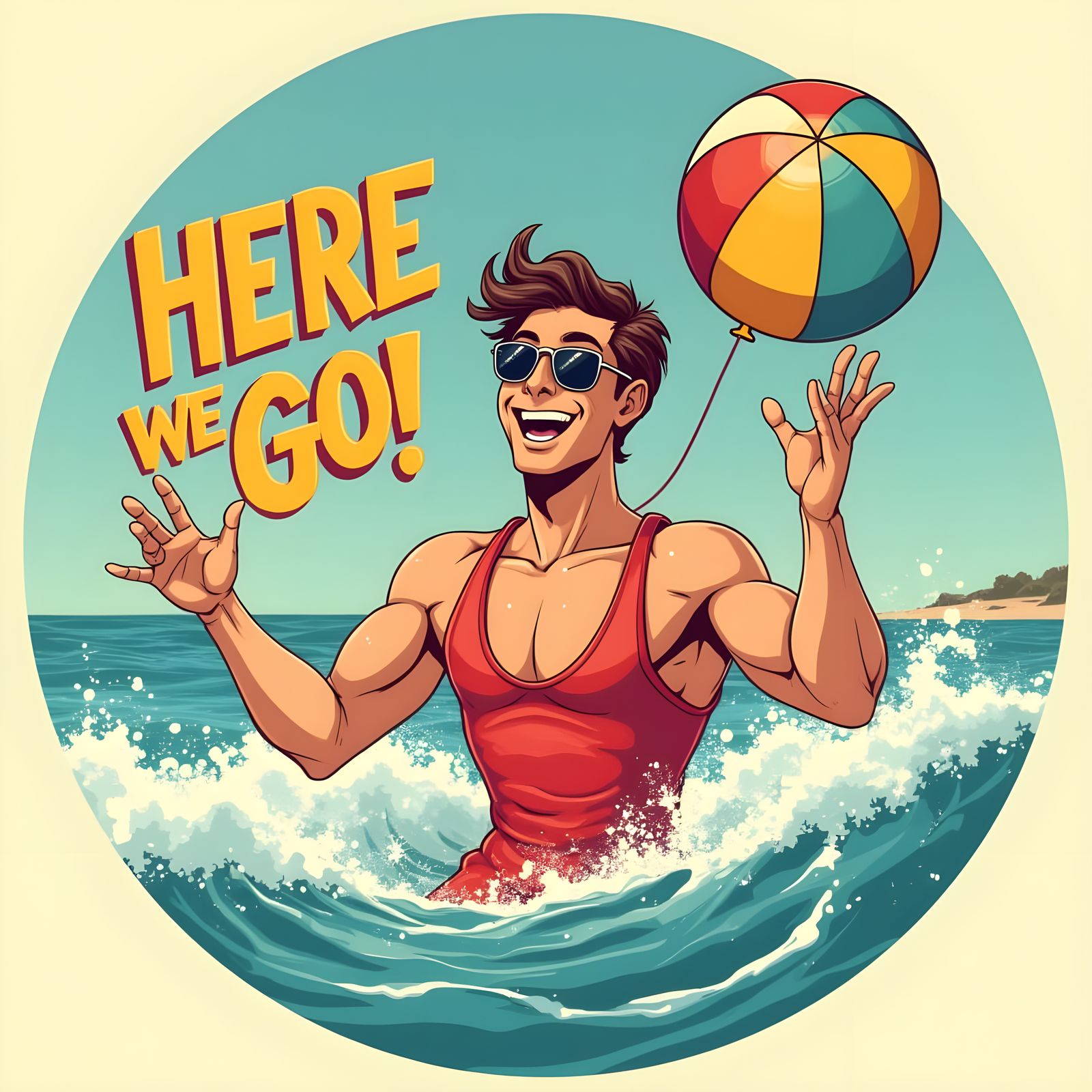 80s Vintage Cartoon Man in Water, Victory Pose