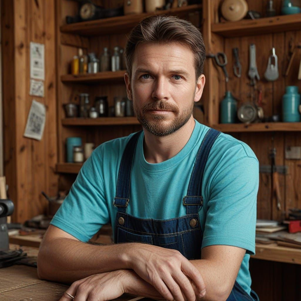 Confident Craftsman in Rustic Workshop