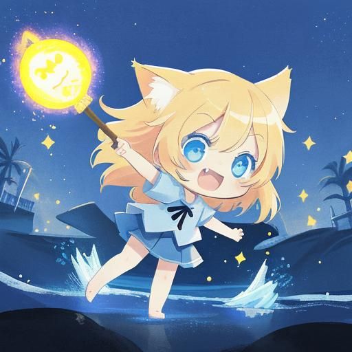 Chibi Catgirl on Beach at Night: Manga Art