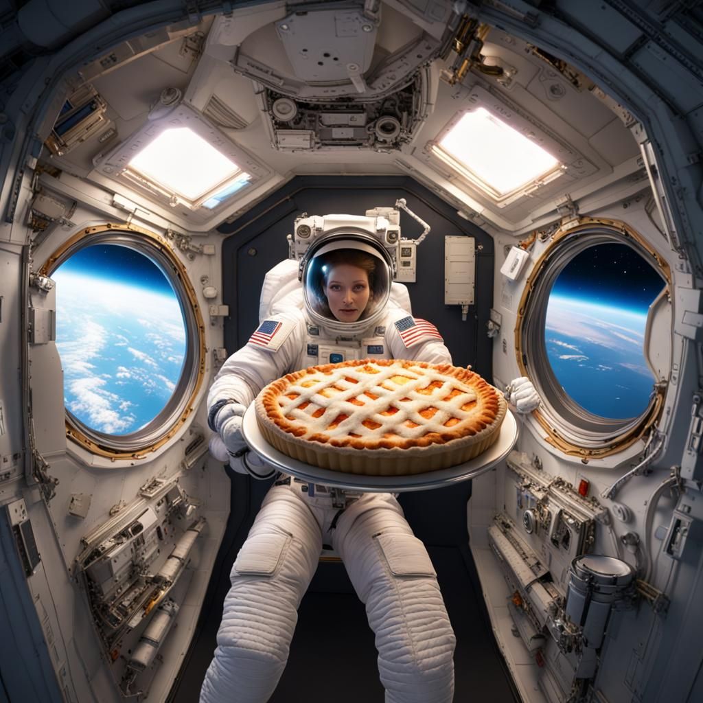 Astronauts Enjoying Pies in Zero Gravity, Digital Art