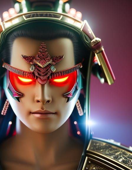 Futuristic Samurai with Oni Mask in Cyberpunk Style