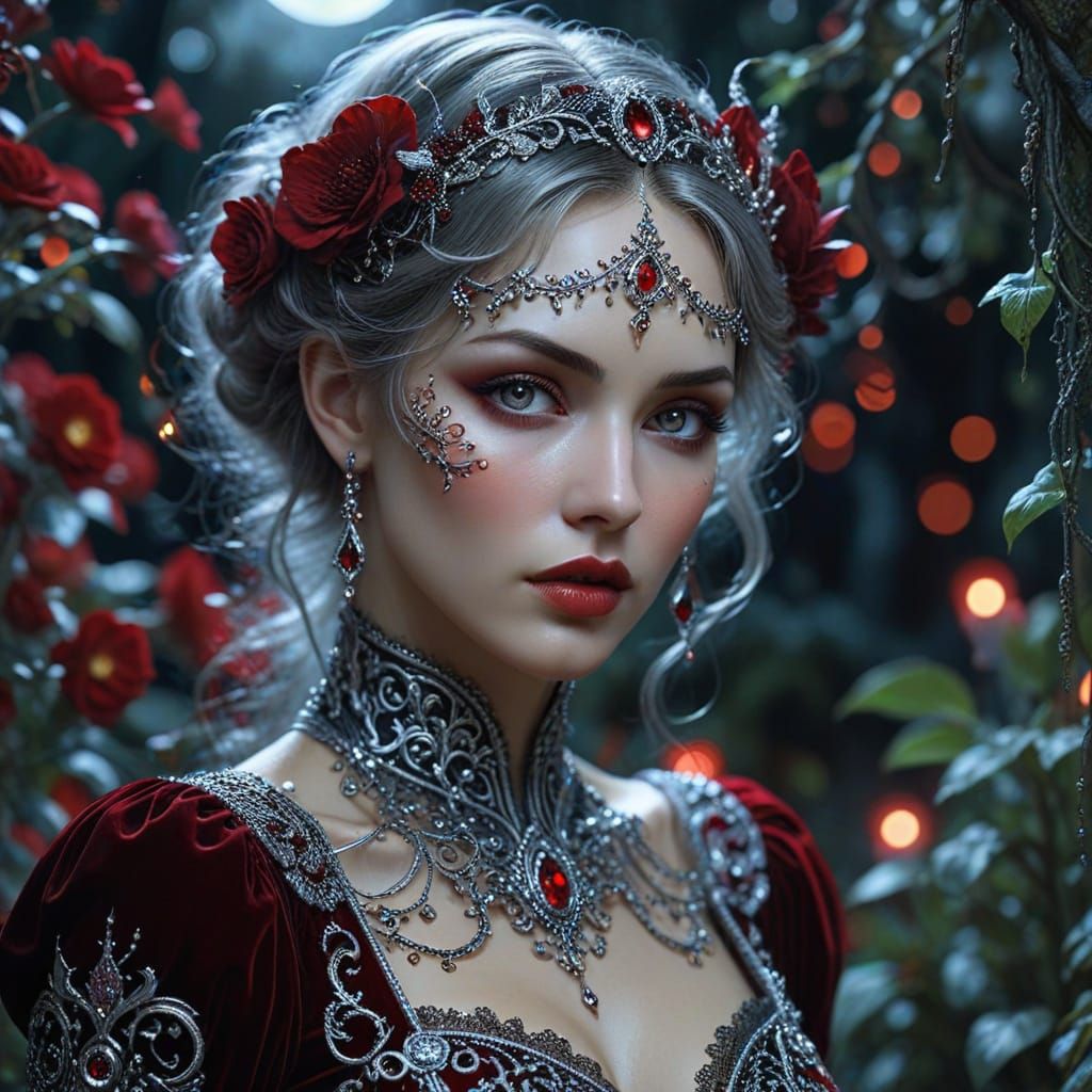 Gothic Goddess Rebecca in Moonlit Garden