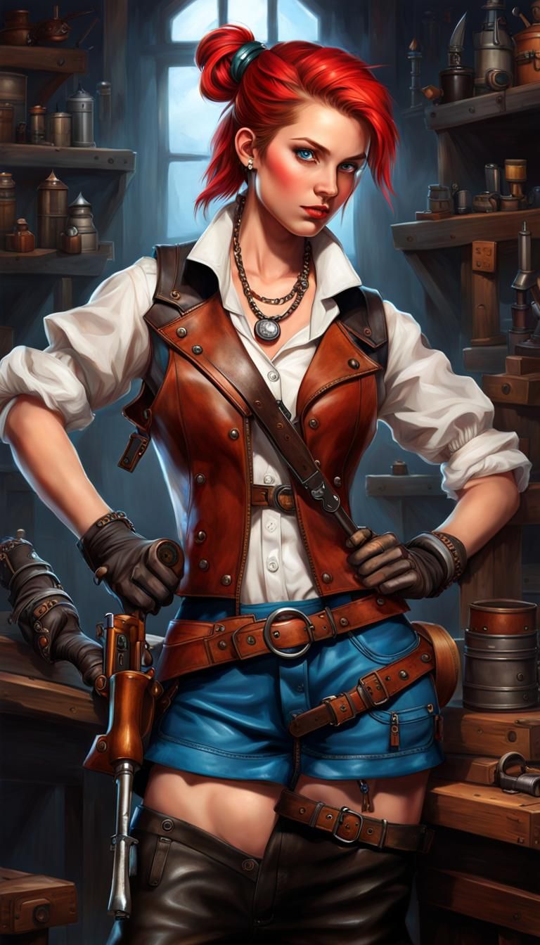 Steampunk Halfling Artificer in Workshop: Hyperrealistic D&D...