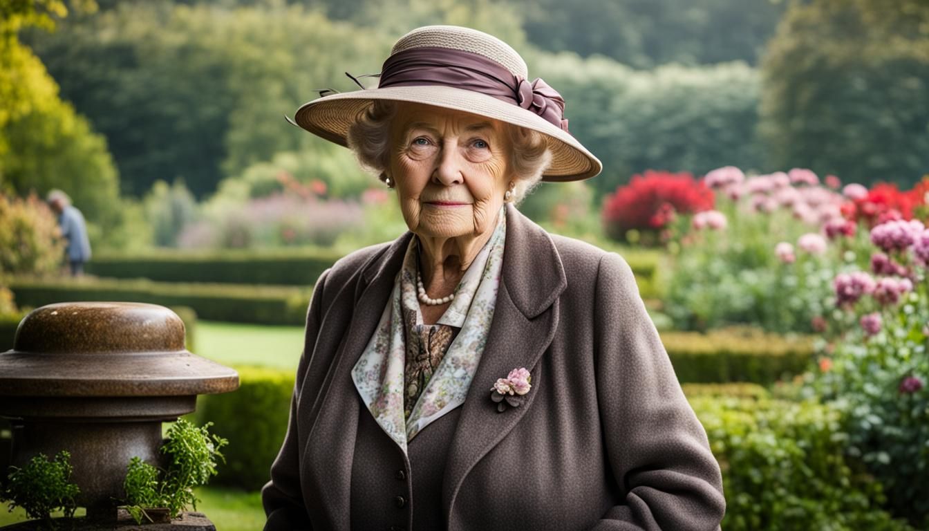 Elderly Woman Portrait in Misty English Garden