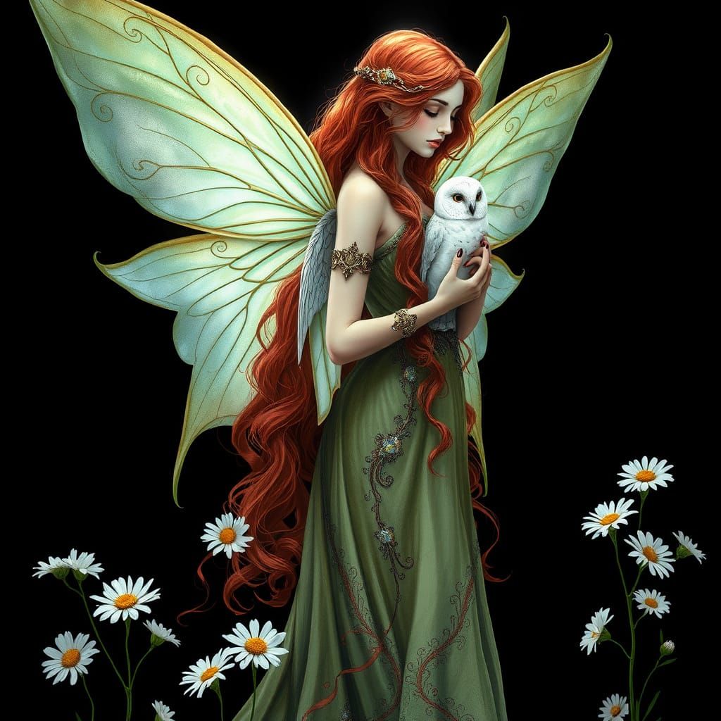Ethereal Fairy with Red Hair and Translucent Wings