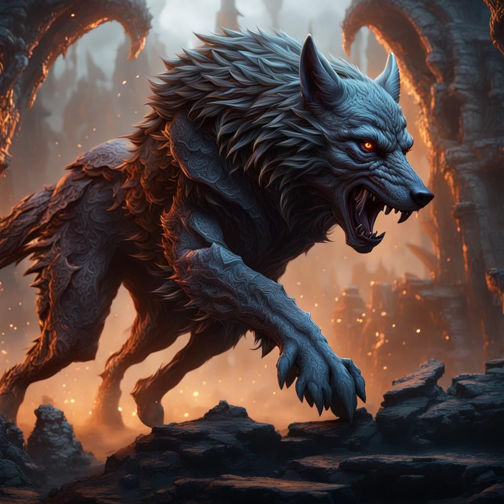 Winged Battle Wolf: Detailed Matte Painting