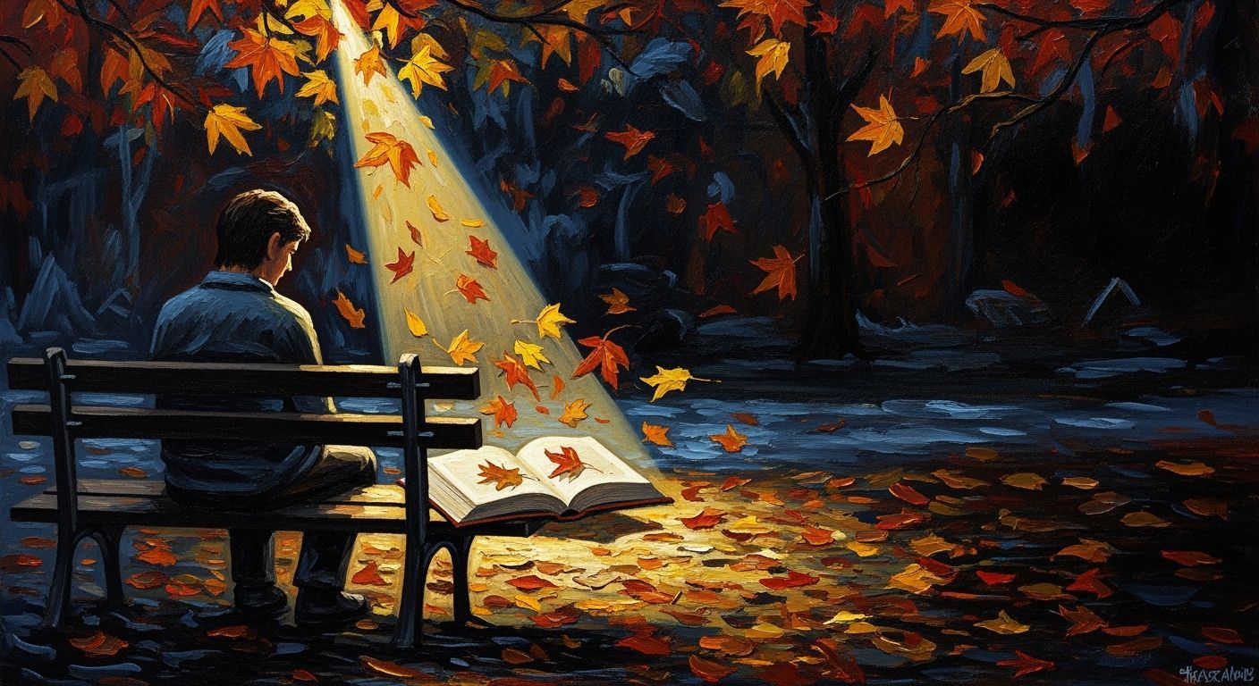 Lone Figure Reading in Autumn Sunlight, Expressionist Oil Pa...