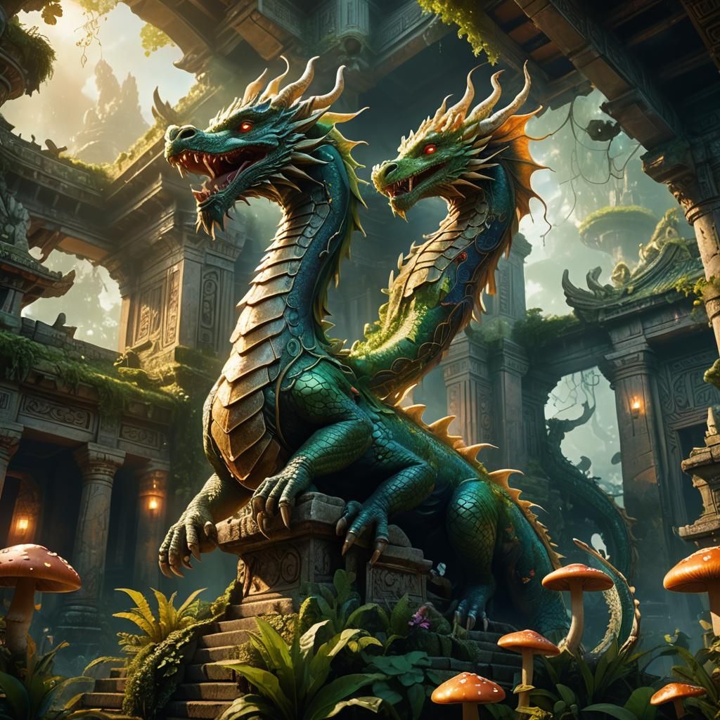 Dragon Perched Atop Mystical Temple in Fantasy Art