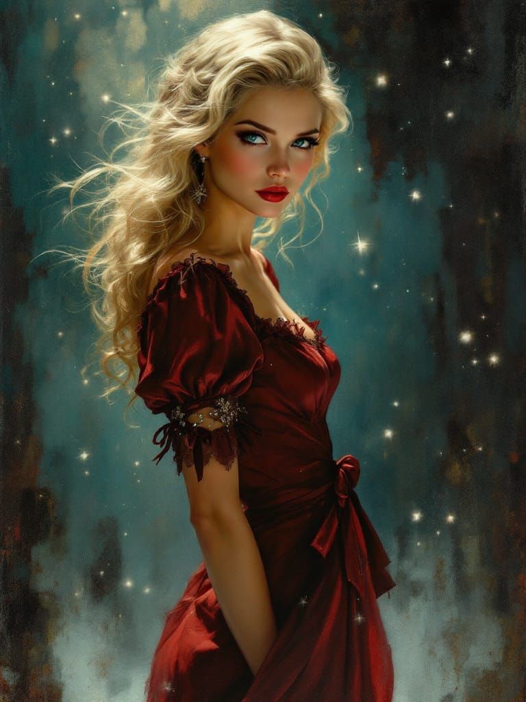 Pin-Up Woman in Winter Dress in Tonalist Style