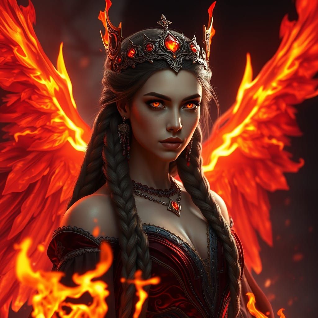 Fantastical Fire Fae Queen with Velvet Attire and Wings