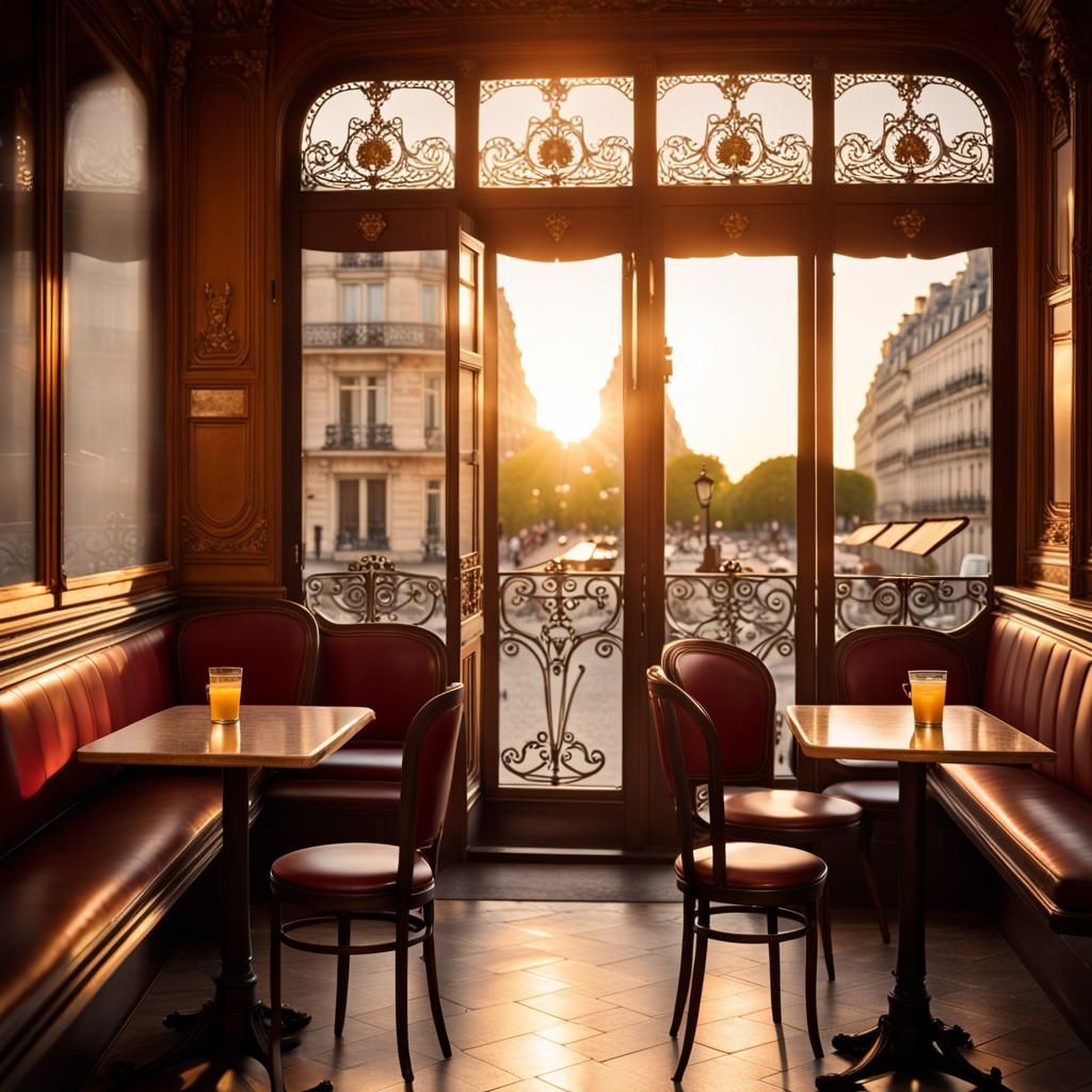 Parisian Cafe Interior, Art Nouveau Style, Sunrise