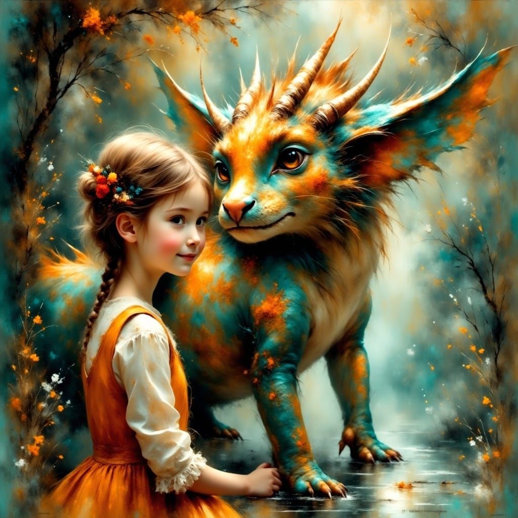 Whimsical Dragon Companion in Vibrant, Impressionist Splatte...