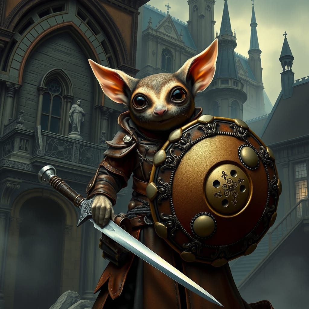 Dark Fantasy Tarsier Warrior in Ornate Leather Armor