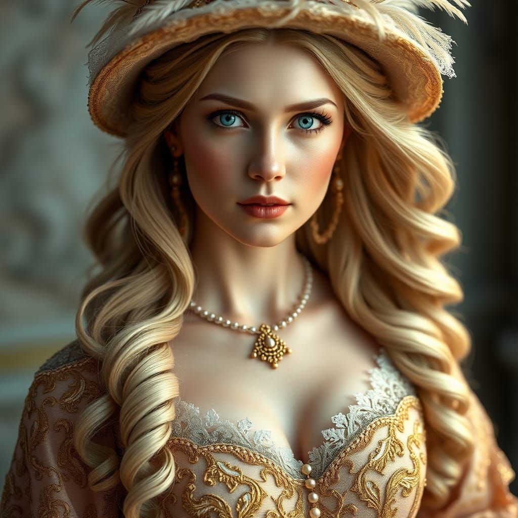 Victorian Woman with Gold Embroidery in 3D Render