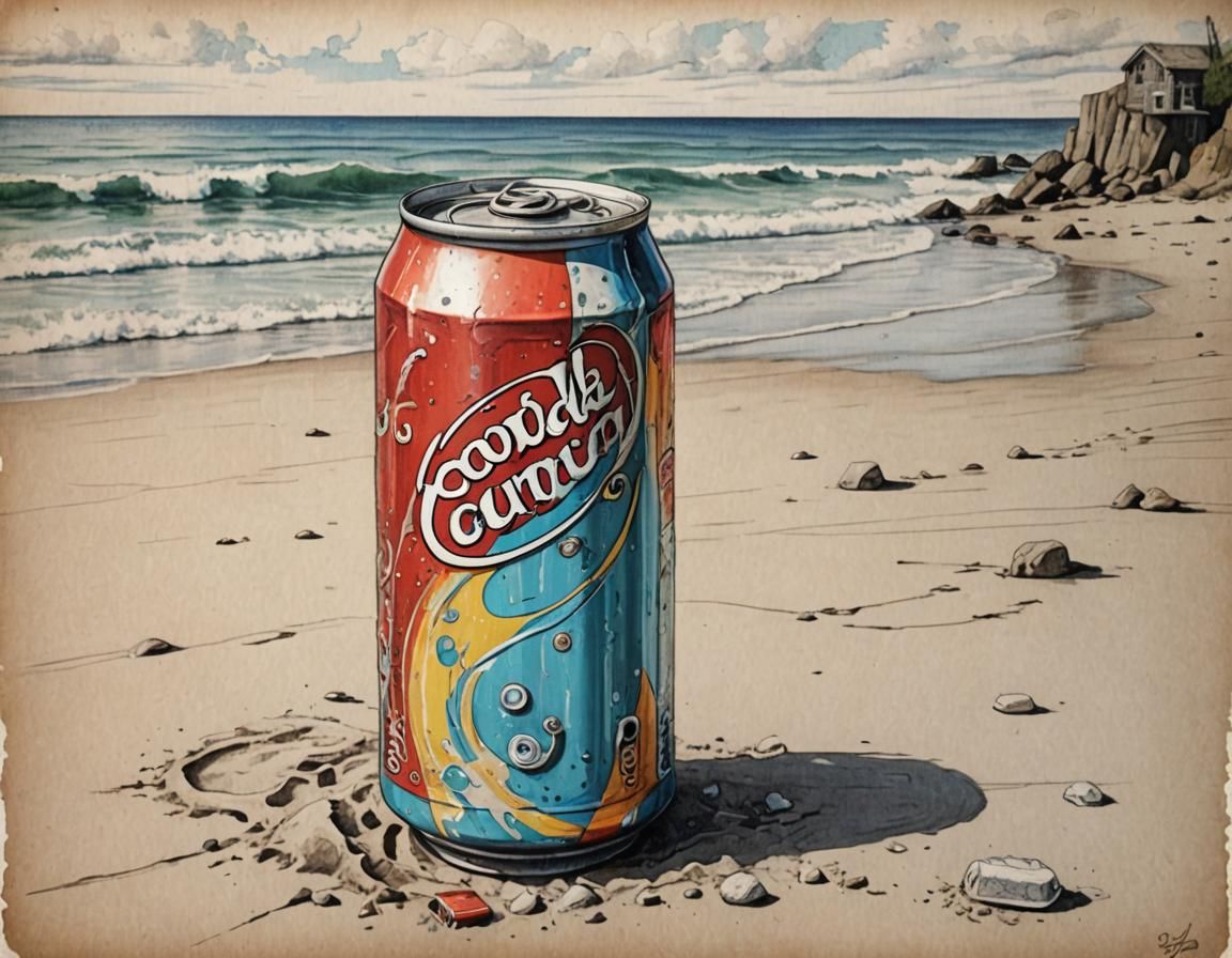 Steampunk Soda Can Pencil Sketch on Beach