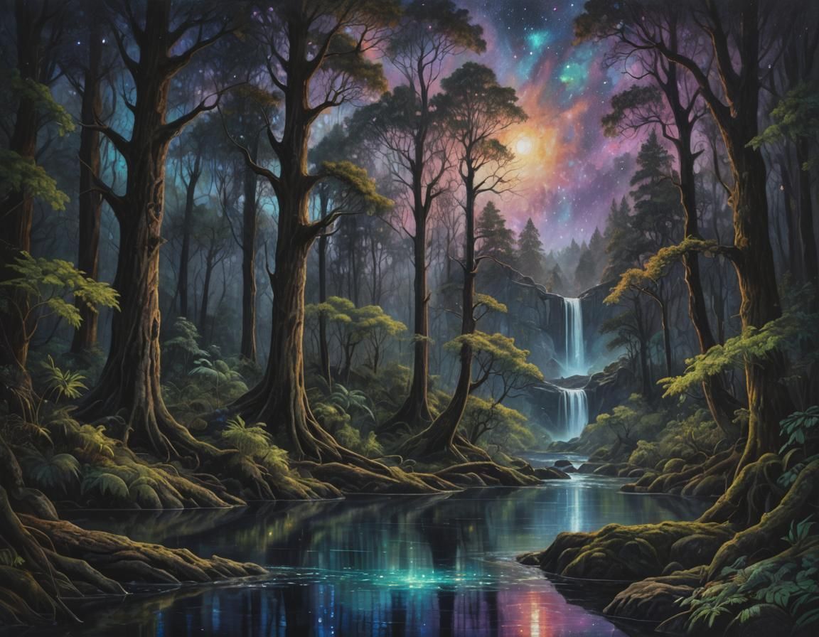 Dark Forest Pond: Oil Painting with Cosmic Elements