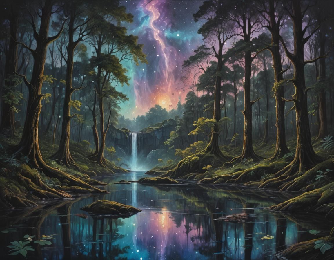 Astral Pond in Dark Forest, Mixed Media Illustration