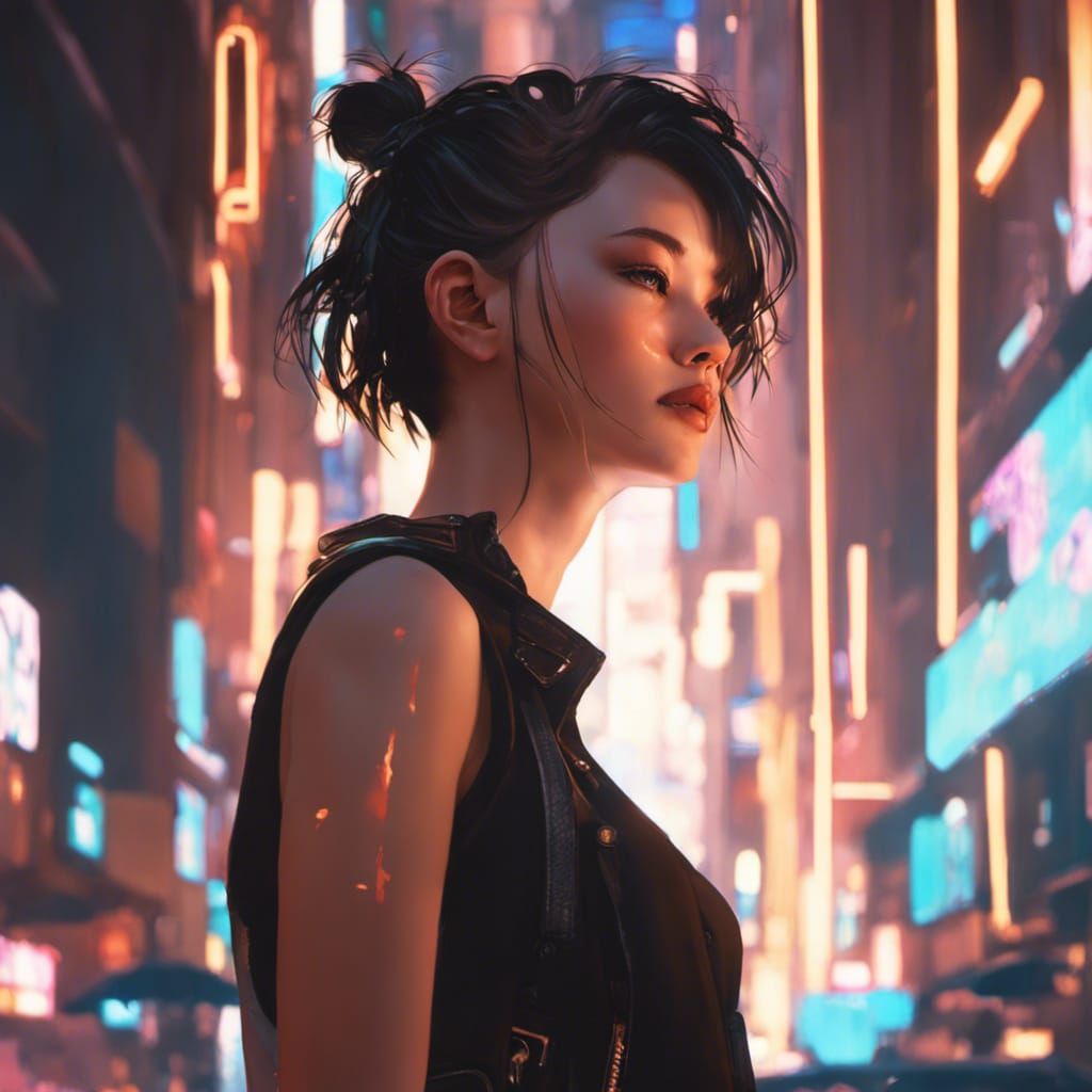 Cyberpunk Anime Girl with Neon Lights and Filigree