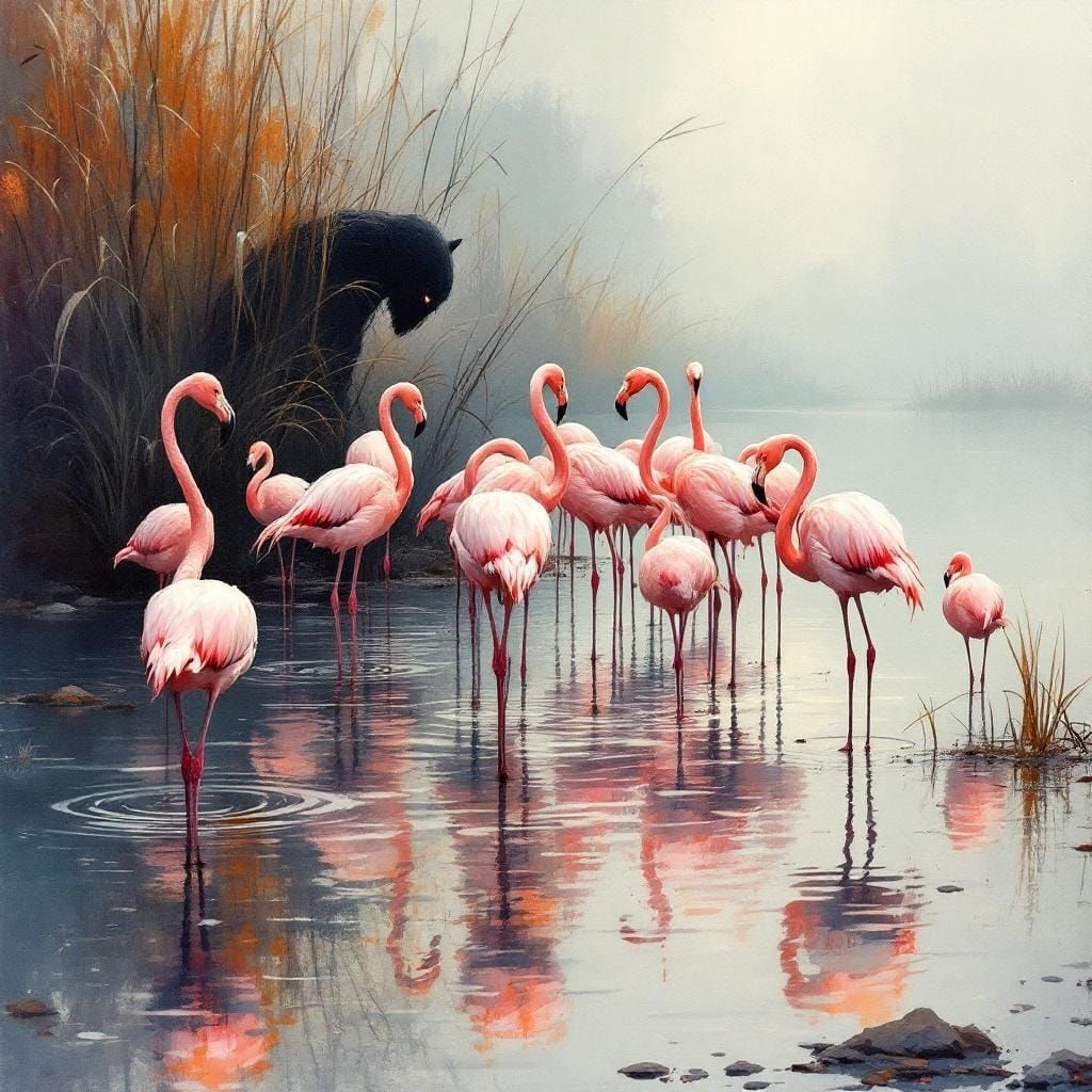 Pink Flamingos in Lakeside Habitat, Watercolor Style