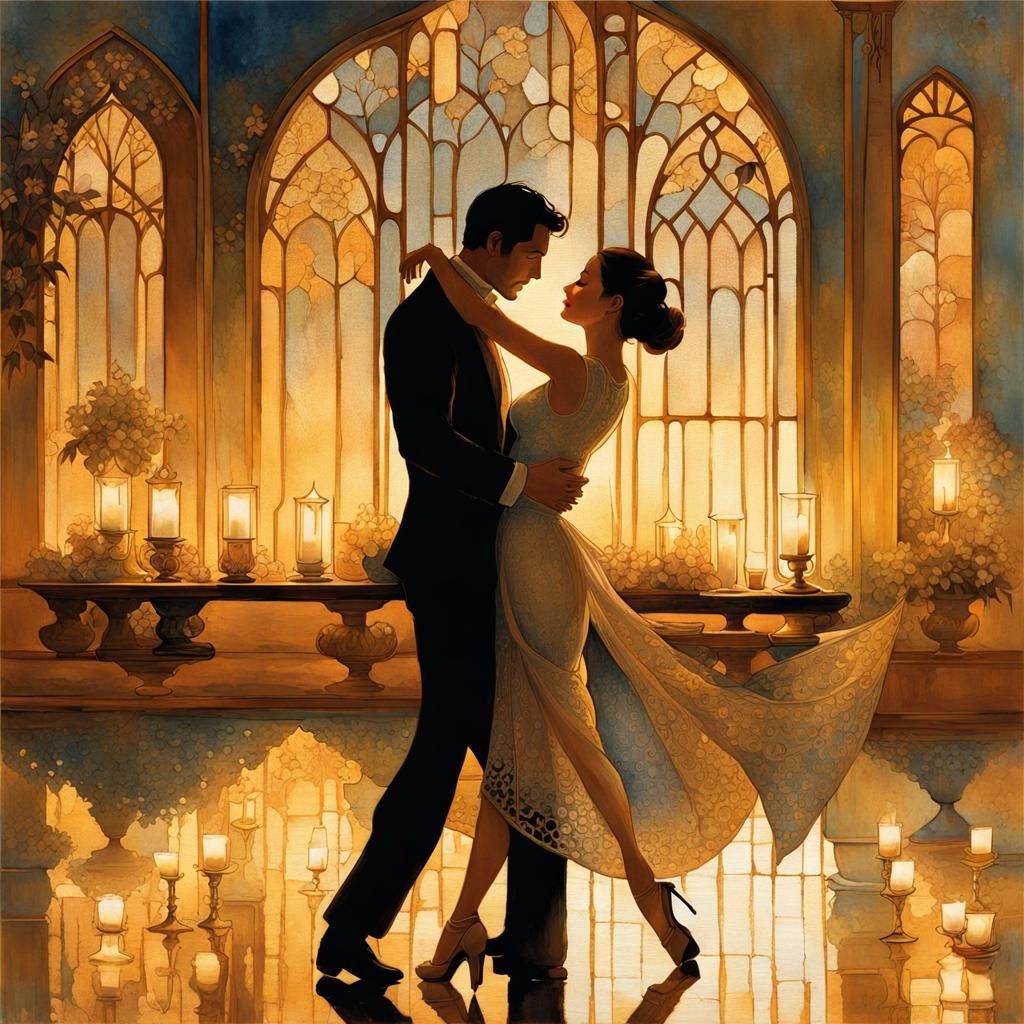 Couple Dancing on Lake: Art Brut Botanical Illustration