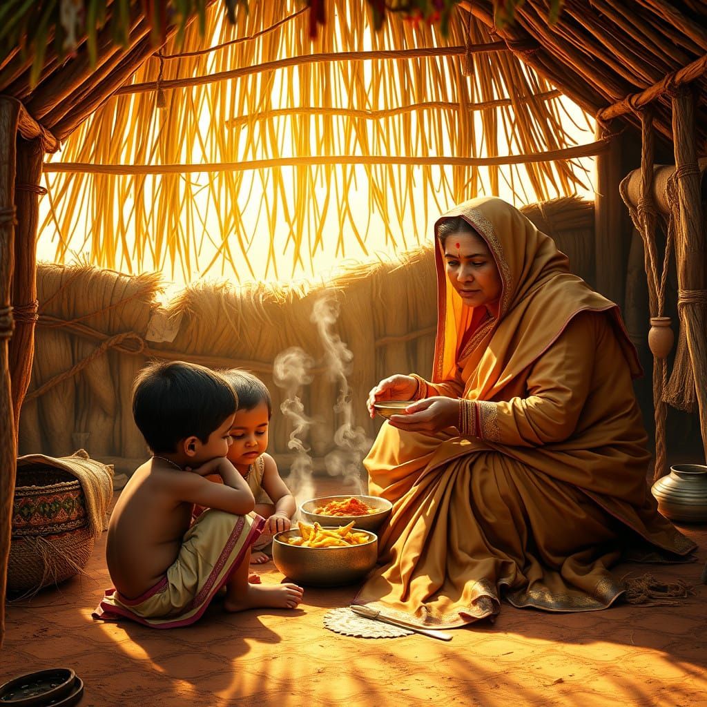 Indian Mother and Children in Cozy Traditional Setting