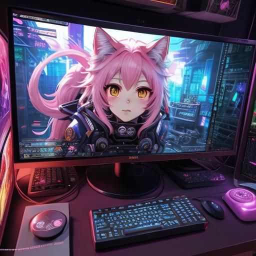 Anime Neko Gamer Girl in 2D Style