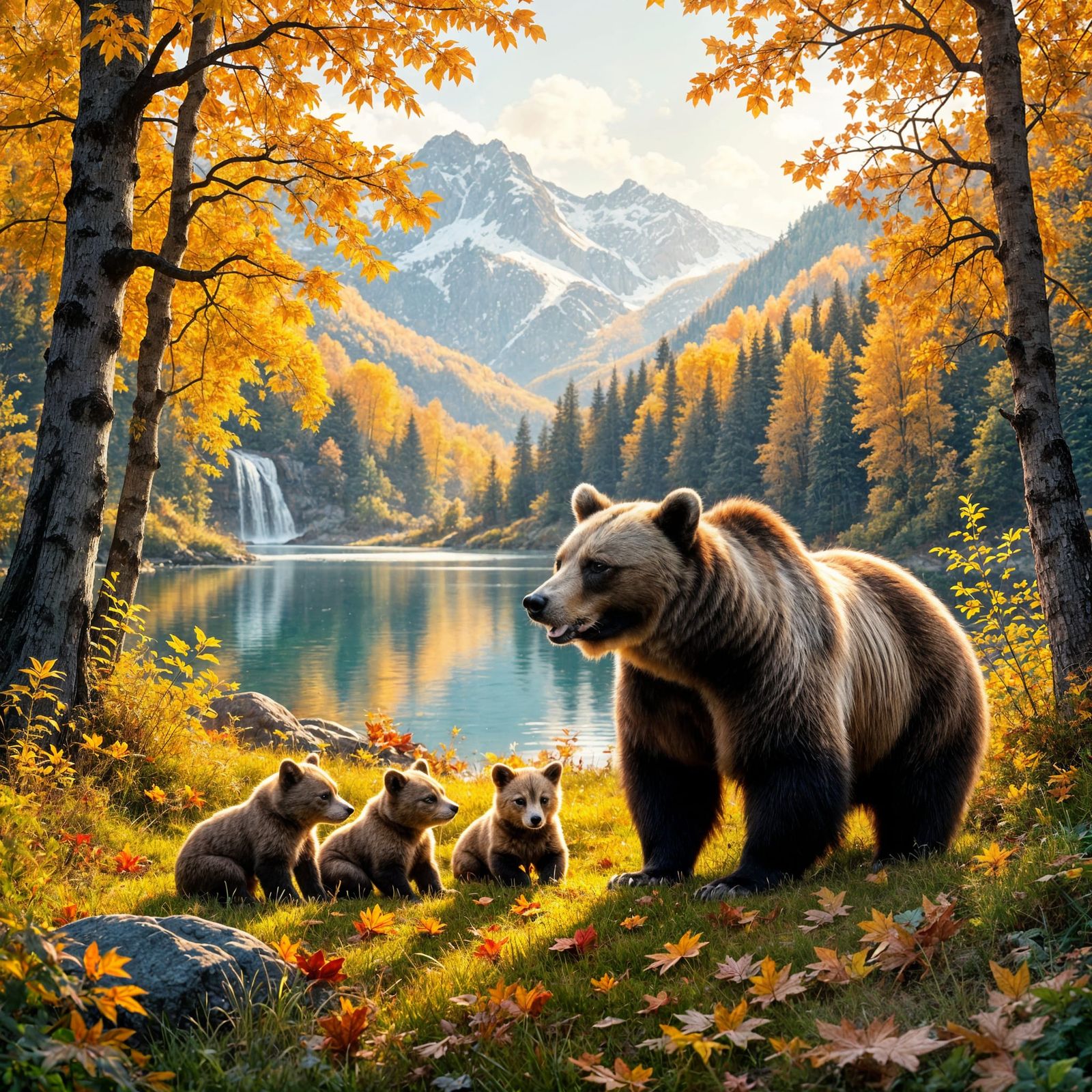 Mother Bear and Cubs in Golden Autumn Forest