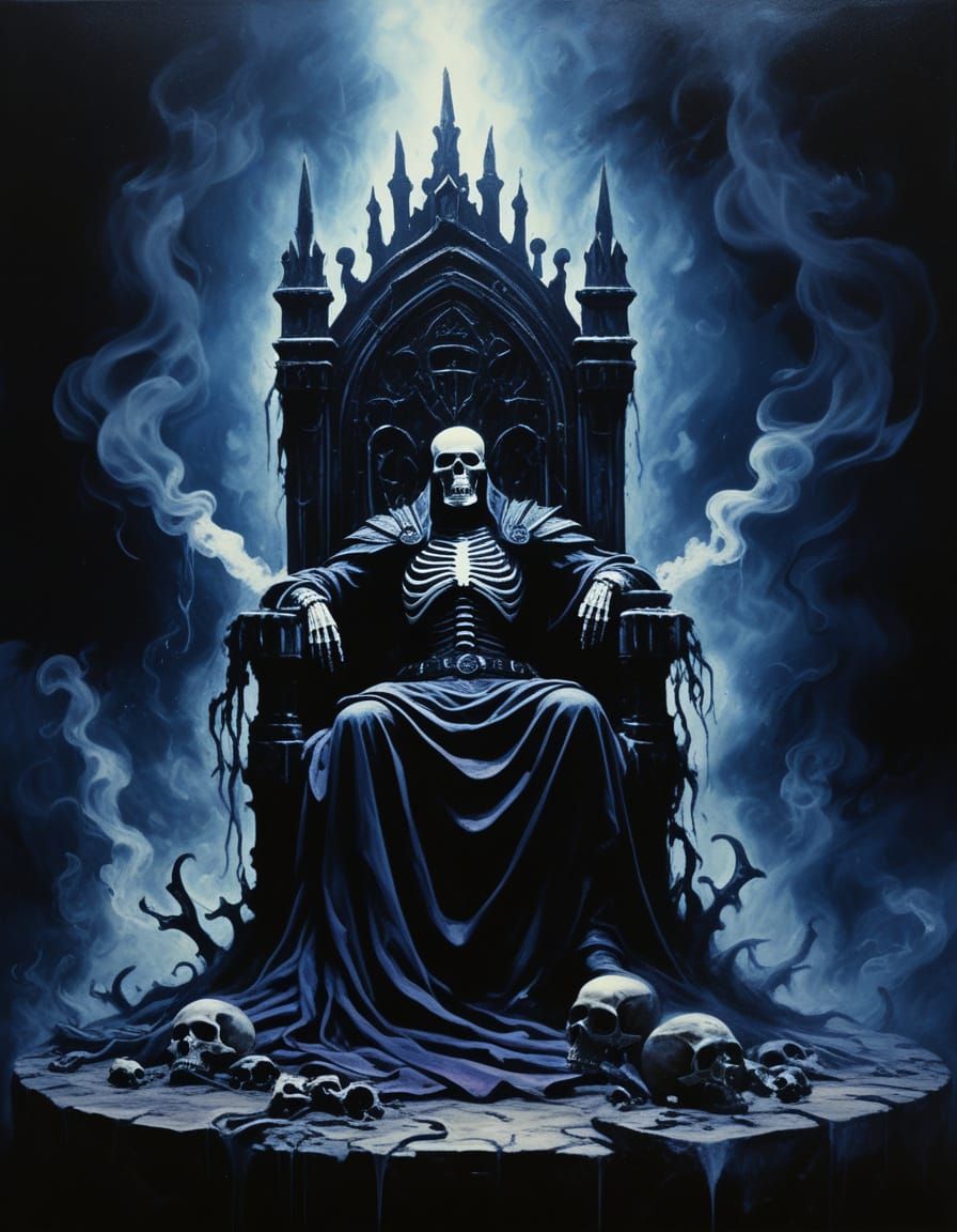 Bone Throne Surrounded by Smoke, Gothic Oil Painting