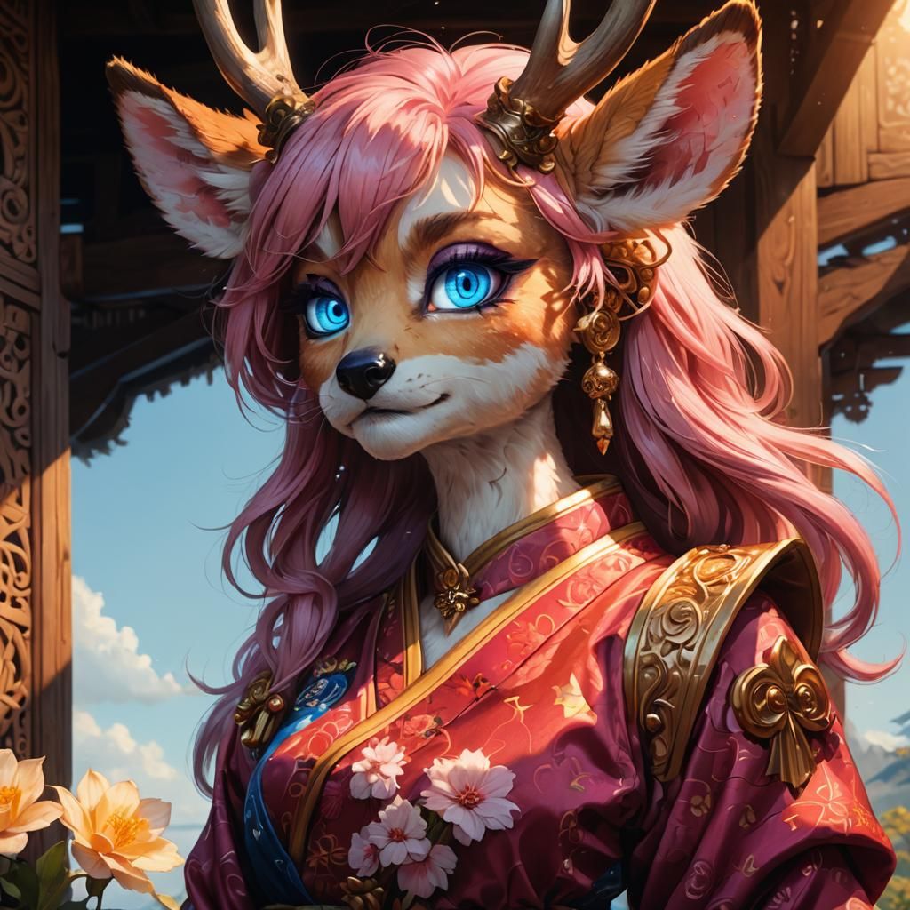 Anime Anthro Deer Portrait with Pink Hair
